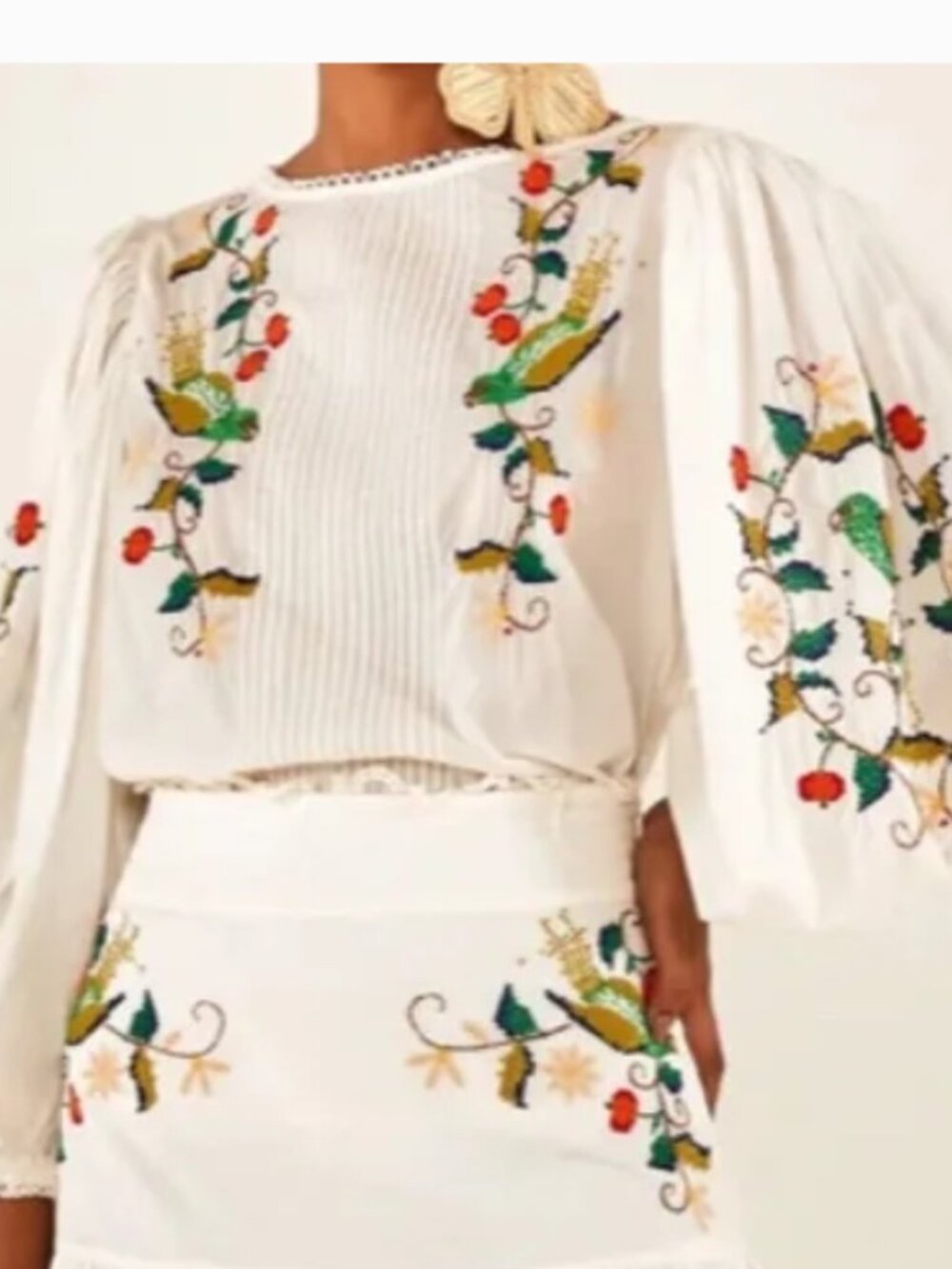 Farm Rio White Embroidered Pitanga Cropped Puffed Sleeves Multicolor Blouse